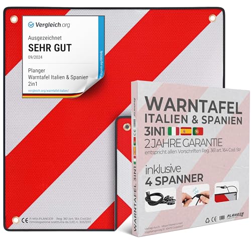 PLANGER® - Warntafel Italien und Spanien u Portugal 3in1 (50 x 50 cm) (Schild + Gepäckspanner) -...