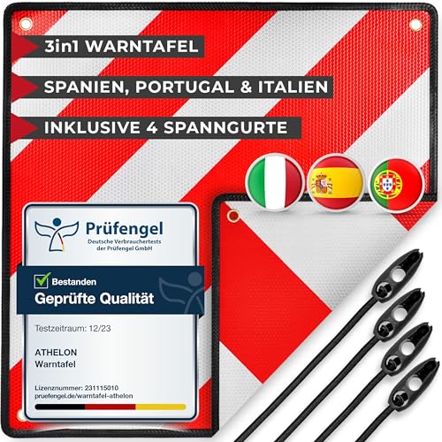 ATHELON® 3in1 Warntafel für Italien, Spanien & Portugal - Reflektierendes Warnschild inklusive 4X...