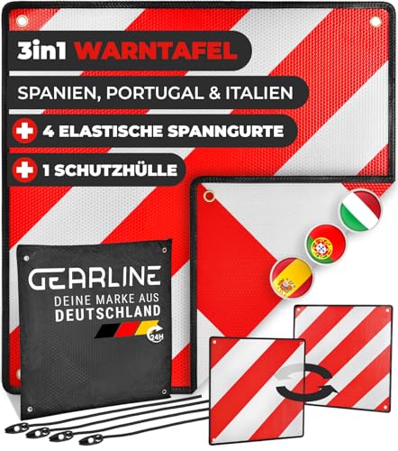 GEARLINE® 3-in-1 Warntafel für Italien, Spanien & Portugal [inkl. 4X Spanngurte & Schutzhülle] -...