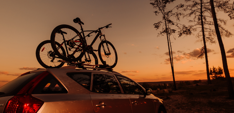 Ein Auto mit zwei Fahrrädern auf dem Dach im Wald bei Sonnenuntergang.